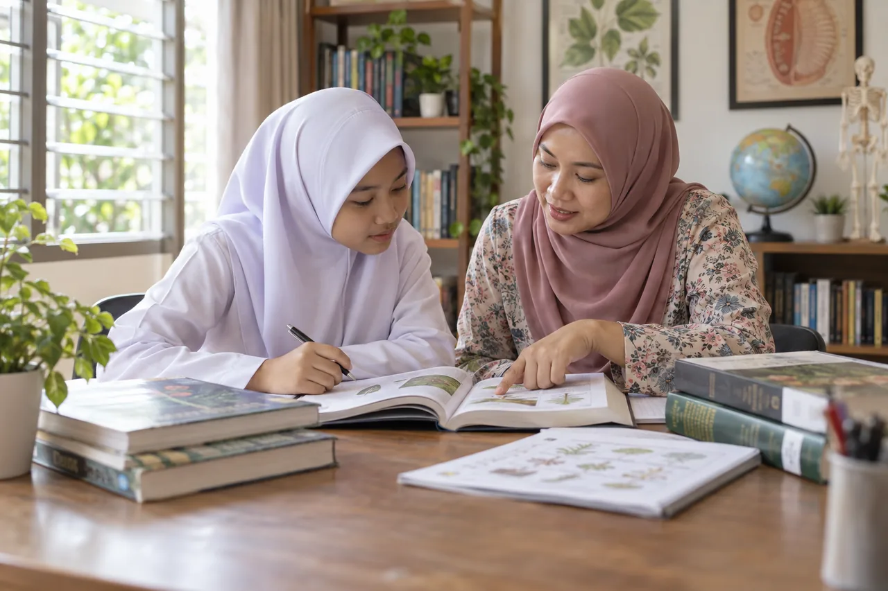 Pelajar belajar sumber pembelajaran Biologi SPM bersama guru