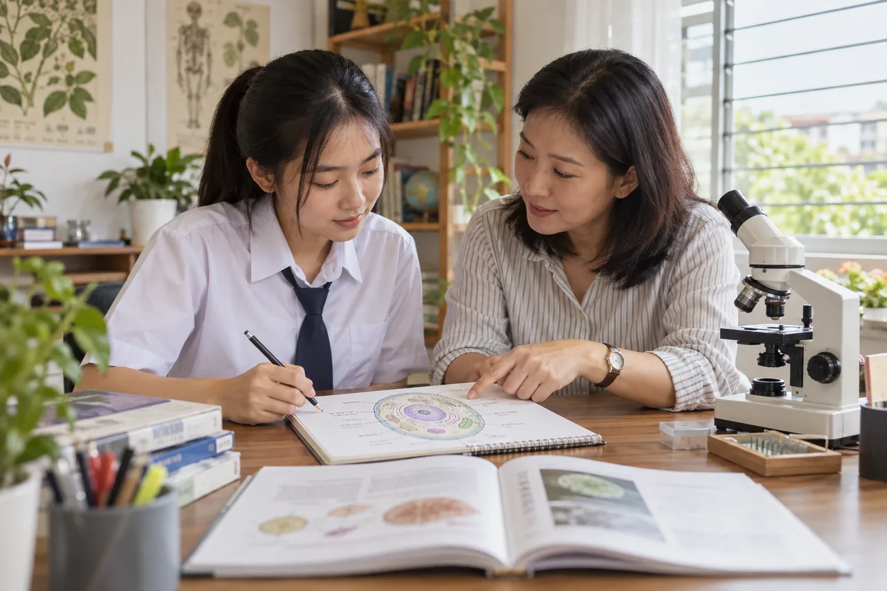 Student learning Form 4 SPM Biology with a Biology tutor