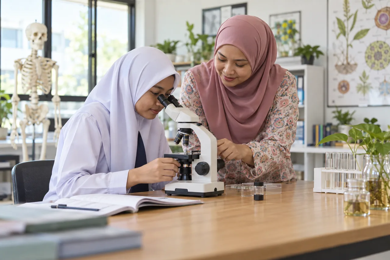 Pelajar belajar kelas Biologi SPM bersama guru bersama guru
