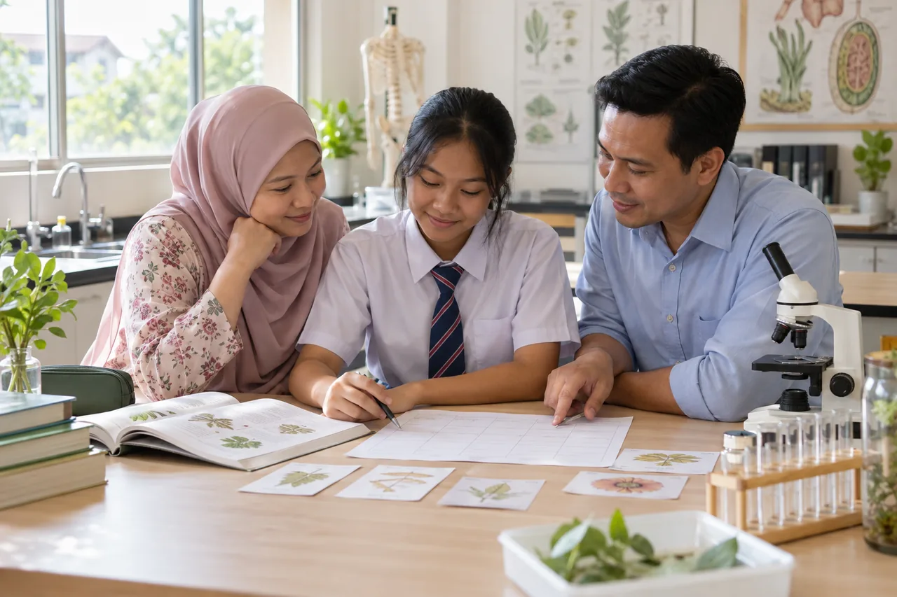 Pelajar belajar pelan kelas Biologi SPM bersama guru