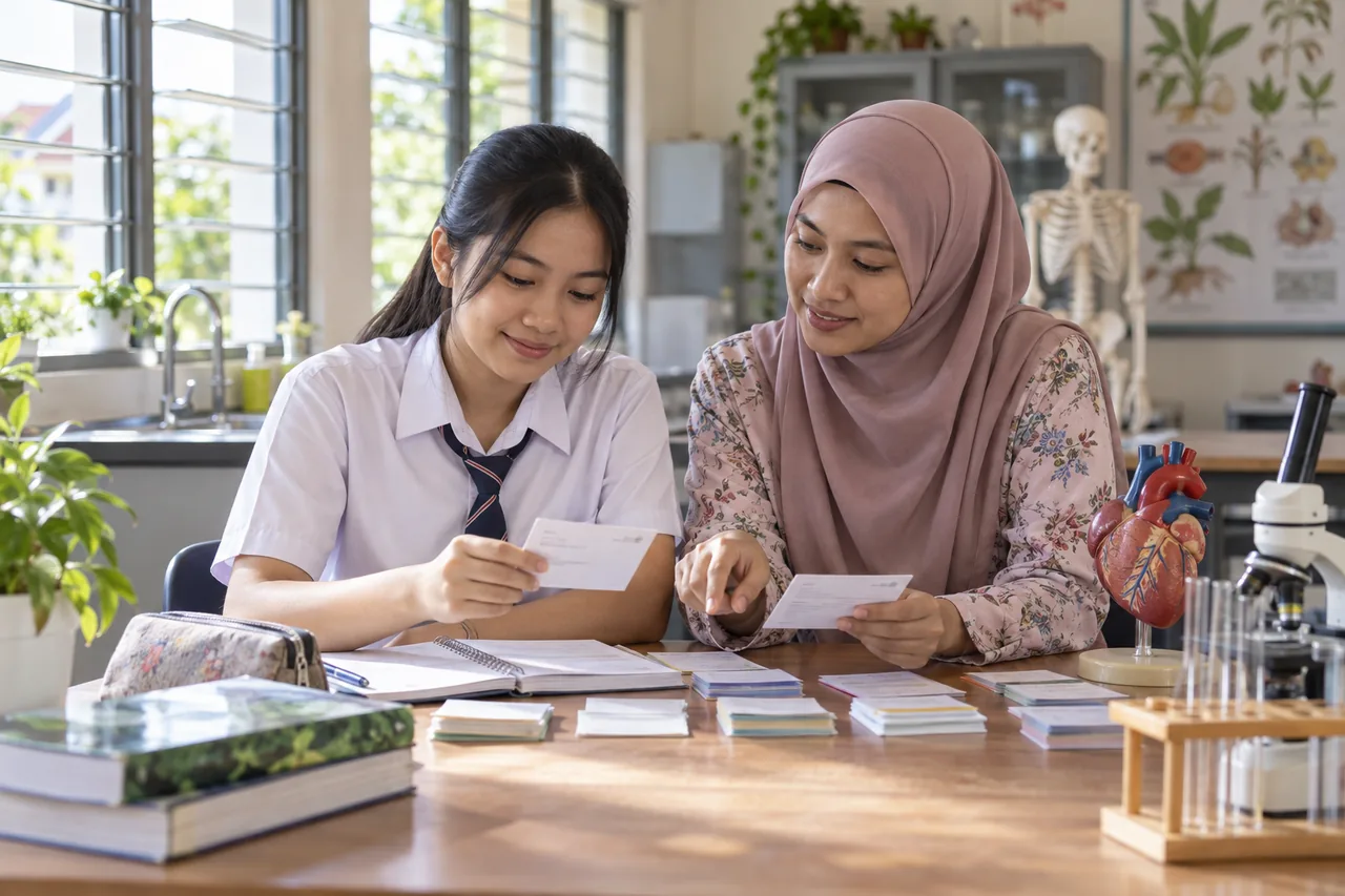 Pelajar belajar ulang kaji Biologi SPM untuk calon ulangan bersama guru