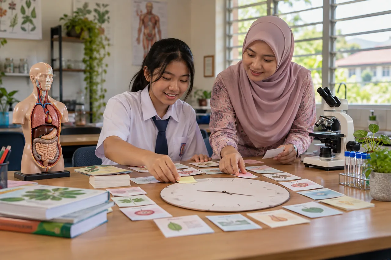 Pelajar belajar persediaan Biologi SPM 2026 bersama guru