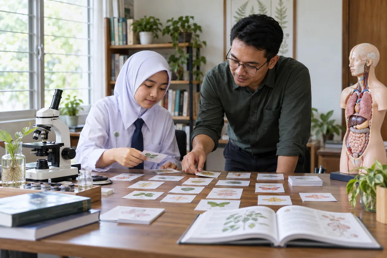 Pelajar belajar silibus Biologi SPM bersama guru