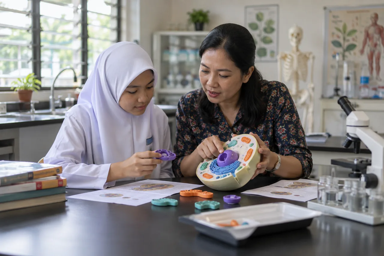 Pelajar belajar sokongan asas Biologi SPM bersama guru
